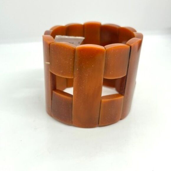VINTAGE RUST BROWN GEOMETRIC STRETCH BANGLE MODERNIST PLASTIC BAKELITE LOOK - Picture 8 of 10